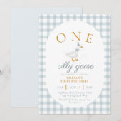 ONE Silly Goose Blue Gingham Daisy First Birthday 招待状 (正面/裏面)