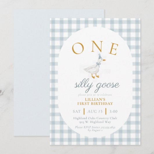 ONE Silly Goose Blue Gingham Daisy First Birthday 招待状 (正面/裏面)