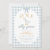 ONE Silly Goose Blue Gingham Daisy First Birthday 招待状 (正面)