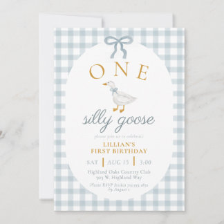 ONE Silly Goose Blue Gingham Daisy First Birthday 招待状