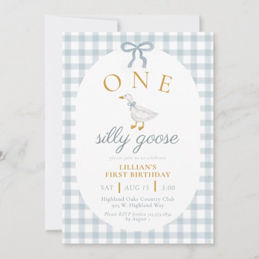 ONE Silly Goose Blue Gingham Daisy First Birthday 招待状 (正面)