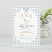 ONE Silly Goose Blue Gingham Daisy First Birthday 招待状 (スタンド正面)