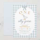 ONE Silly Goose Blue Gingham Daisy First Birthday 招待状 (正面/裏面)