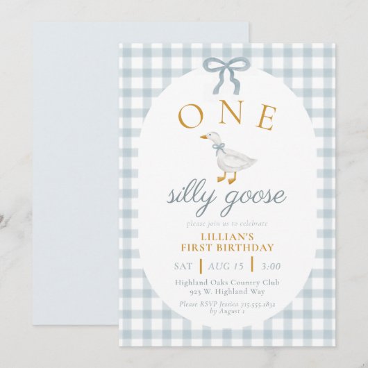 ONE Silly Goose Blue Gingham Daisy First Birthday 招待状 (正面/裏面)