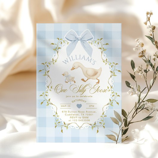 One Silly Goose Blue Gingham Photo 1st Birthday 招待状