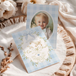 One Silly Goose Blue Gingham Photo 1st Birthday 招待状