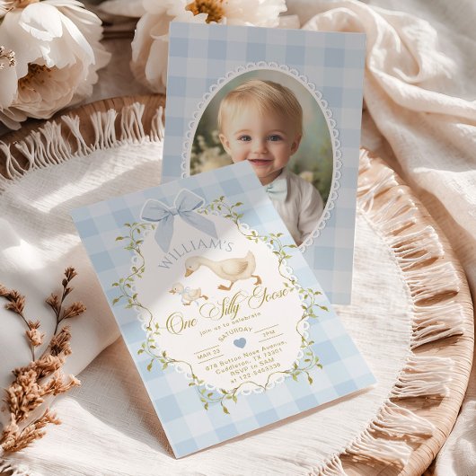 One Silly Goose Blue Gingham Photo 1st Birthday 招待状