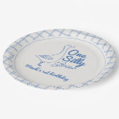 One Silly Goose Blue Hand Drawn Boy 1st Birthday ペーパープレート (アングル)