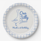 One Silly Goose Blue Hand Drawn Boy 1st Birthday ペーパープレート (正面)
