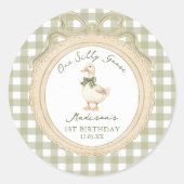 One Silly Goose Bow Gingham 1st Birthday  Sticker ラウンドシール (正面)