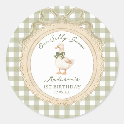 One Silly Goose Bow Gingham 1st Birthday Sticker ラウンドシール (正面)