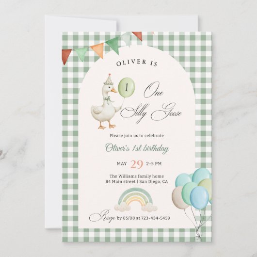 One Silly Goose Boy 1st Birthday Green 招待状 (正面)