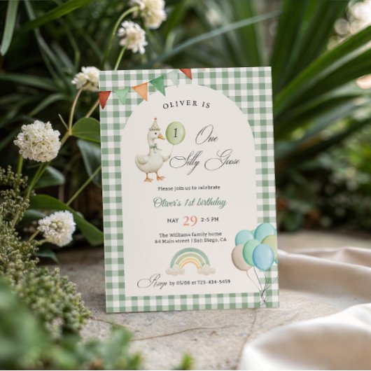 One Silly Goose Boy 1st Birthday Green 招待状