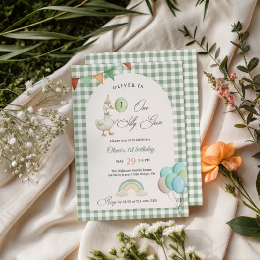 One Silly Goose Boy 1st Birthday Green 招待状