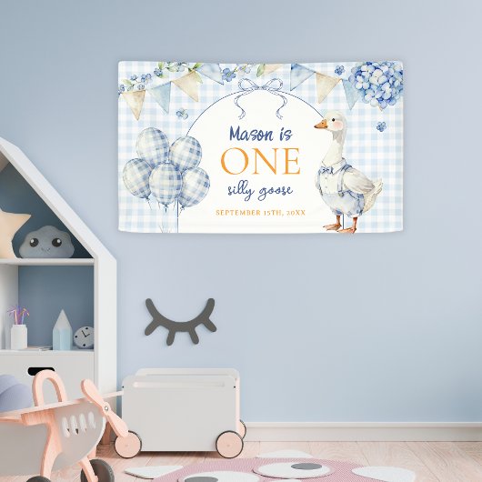 One Silly Goose Boy First Birthday Blue Gingham 横断幕