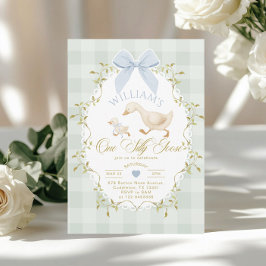 One Silly Goose Boy Gingham 1st Birthday 招待状