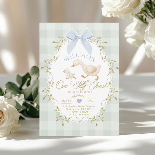 One Silly Goose Boy Gingham 1st Birthday 招待状