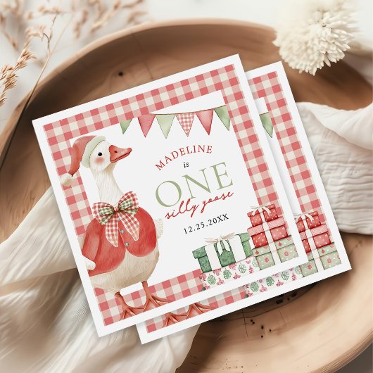 One Silly Goose Christmas Gingham 1st Birthday スタンダードカクテルナプキン