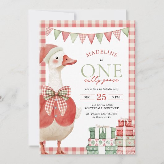 One Silly Goose Christmas Gingham 1st Birthday 招待状 (正面)