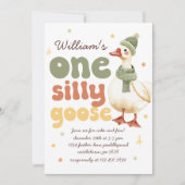 One Silly Goose Christmas Green 1st Birthday 招待状 (正面)