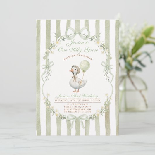One Silly Goose First Birthday Green Invitation 招待状 (スタンド正面)