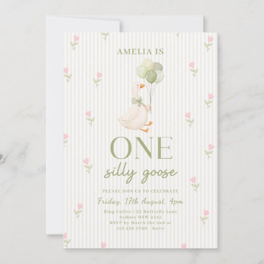 One Silly Goose Floral 1st Birthday 招待状 (正面)