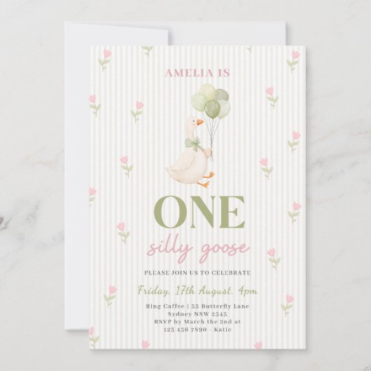 One Silly Goose Floral 1st Birthday 招待状 (正面)
