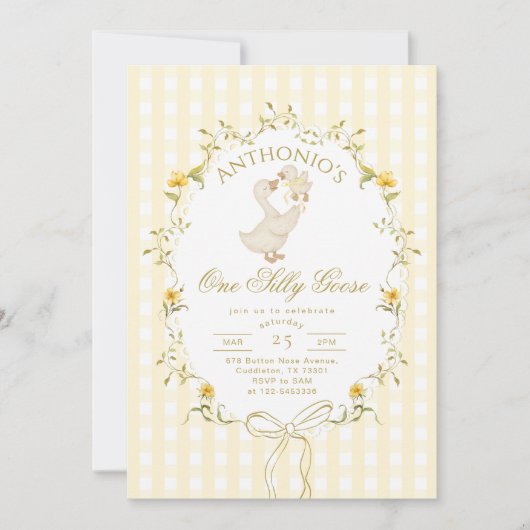 One Silly Goose Gender neutral 1st Birthday 招待状 (正面)