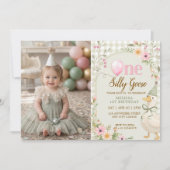One Silly Goose Gingham Floral Girl 1st Birthday  招待状 (正面)