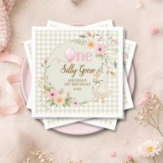 One Silly Goose Gingham Pink Flora Birthday Party  スタンダードカクテルナプキン
