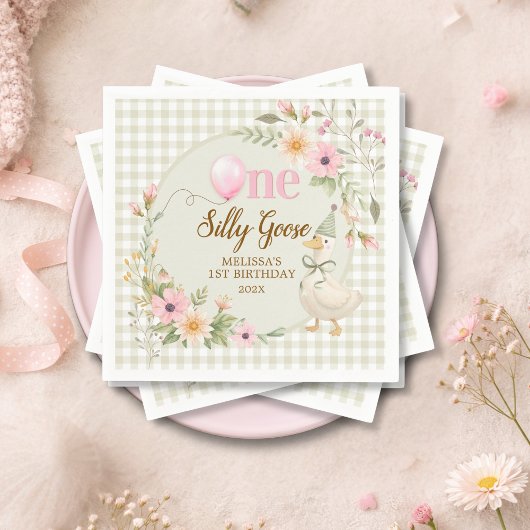 One Silly Goose Gingham Pink Flora Birthday Party スタンダードカクテルナプキン