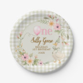 One Silly Goose Gingham Pink Flora Birthday Party  ペーパープレート (正面)