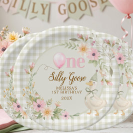 One Silly Goose Gingham Pink Flora Birthday Party  ペーパープレート