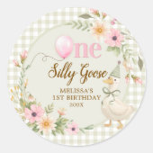 One Silly Goose Gingham Pink Flora Birthday Party  ラウンドシール (正面)