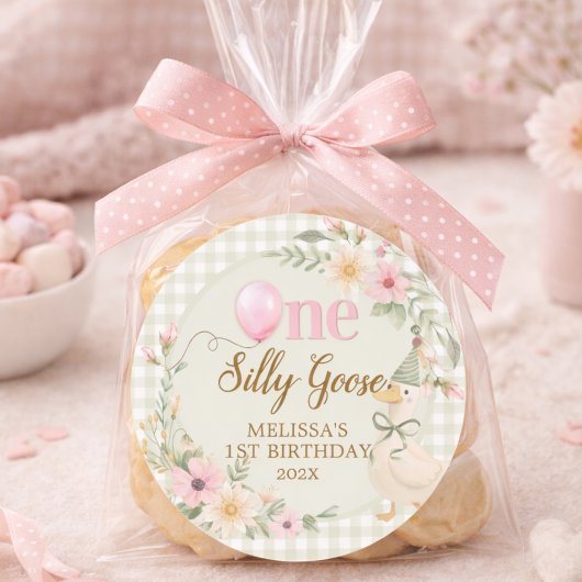One Silly Goose Gingham Pink Flora Birthday Party  ラウンドシール