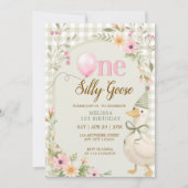 One Silly Goose Gingham Pink Floral 1st Birthday 招待状 (正面)