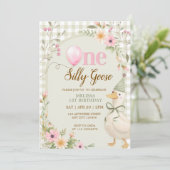 One Silly Goose Gingham Pink Floral 1st Birthday 招待状 (スタンド正面)