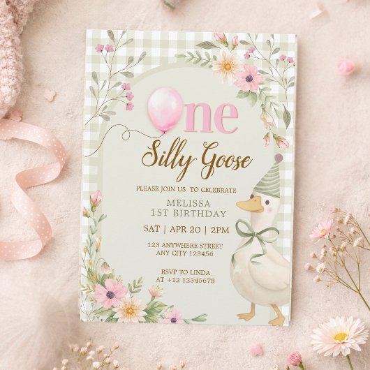 One Silly Goose Gingham Pink Floral 1st Birthday 招待状