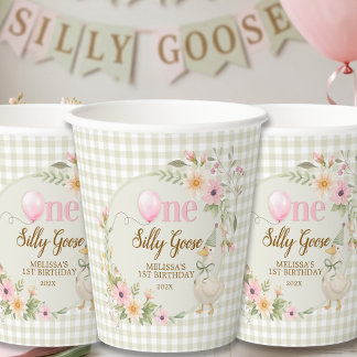One Silly Goose Gingham Pink Floral Birthday  紙コップ