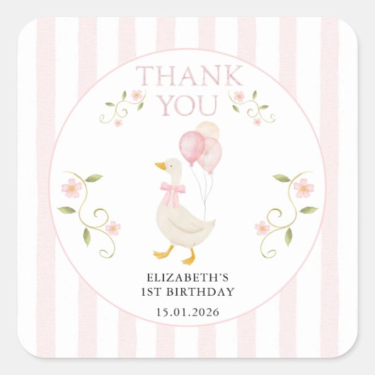 One Silly Goose Girl 1st Birthday Pink Thank You スクエアシール (正面)