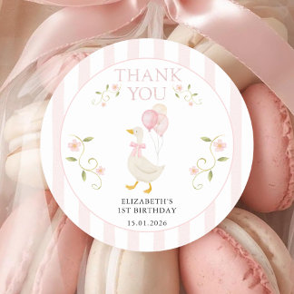 One Silly Goose Girl 1st Birthday Pink Thank You ラウンドシール