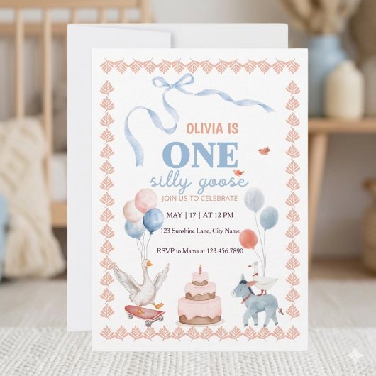 One Silly Goose Girl First Birthday Watercolor 招待状