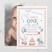 One Silly Goose Girl First Birthday Watercolor 招待状 (正面/裏面)