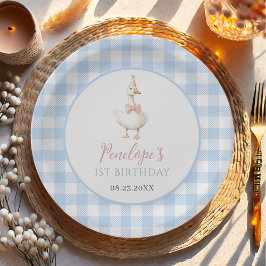 One Silly Goose Girls 1st Birthday Blue Gingham ペーパープレート