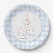 One Silly Goose Girls 1st Birthday Blue Gingham ペーパープレート (正面)