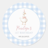 One Silly Goose Girls 1st Birthday Blue Gingham ラウンドシール (正面)