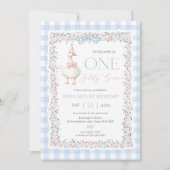 One Silly Goose Girls 1st Birthday Blue Gingham 招待状 (正面)