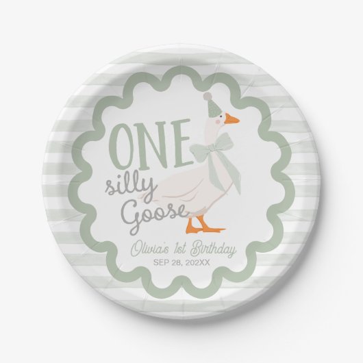 One Silly Goose Green Bow 1st Birthday ペーパープレート (正面)