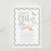 One Silly Goose Green Bow 1st Birthday 招待状 (正面/裏面)