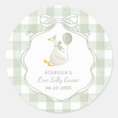 One Silly Goose Green Bow First Birthday ラウンドシール (正面)